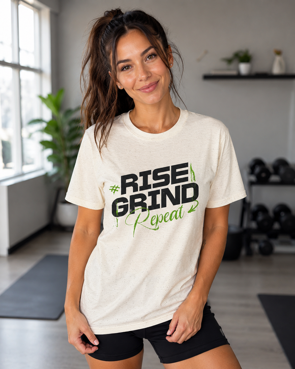 Rise Grind Repeat motivational gym t-shirt on white background