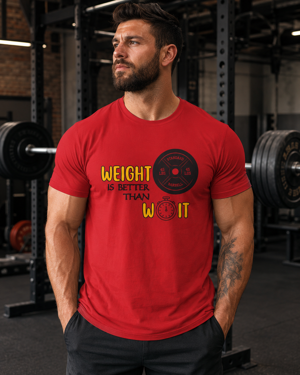 Weight Is Better Than Wait funny gym t-shirt on white background