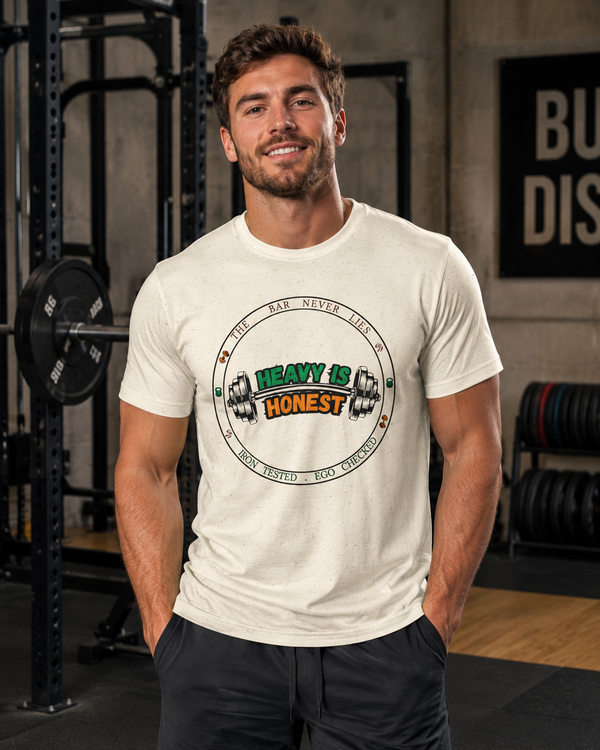 Heavy Is Honest weightlifting gym t-shirt on white background