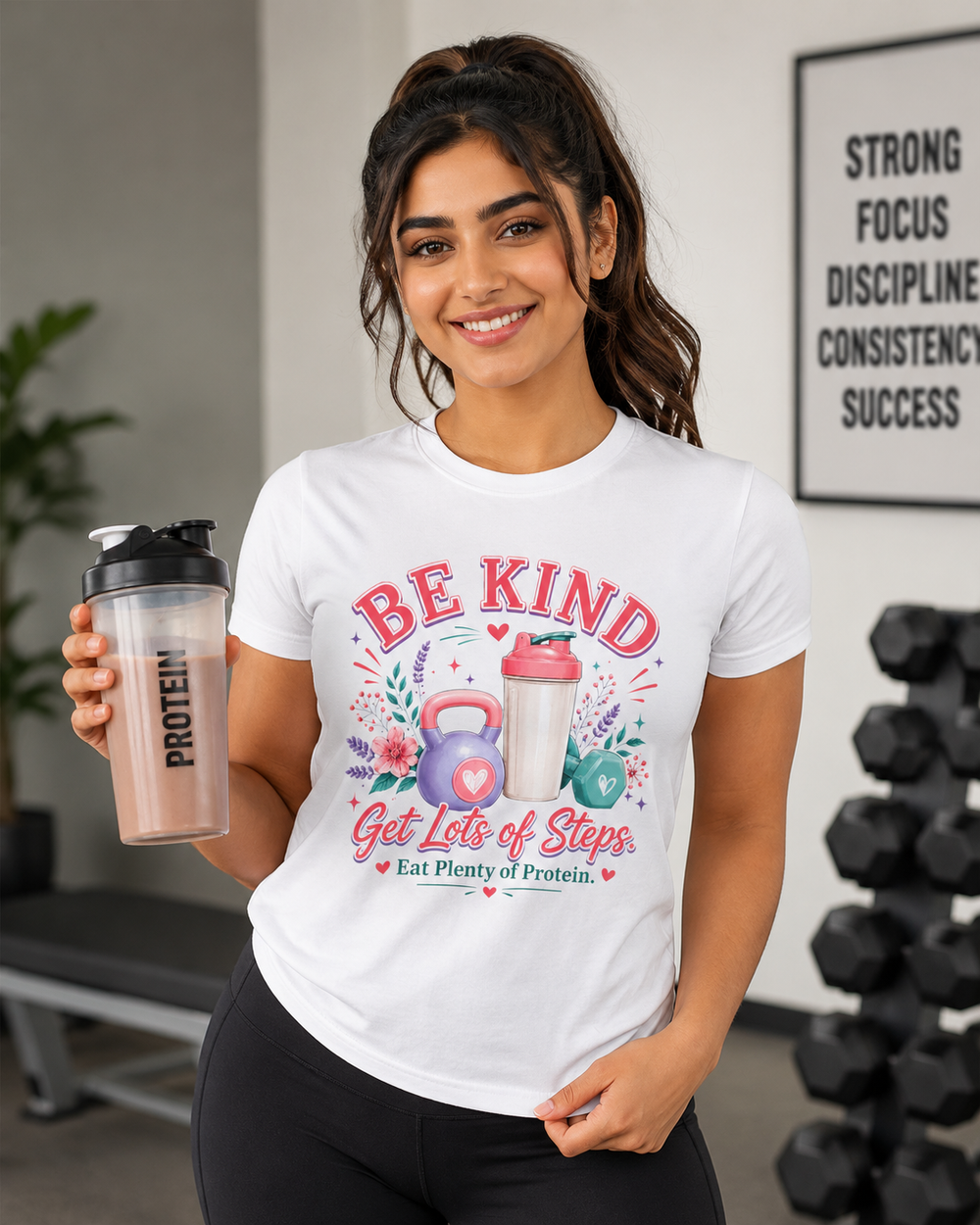 Be Kind Get Lots of Steps cute women's fitness t-shirt on white background