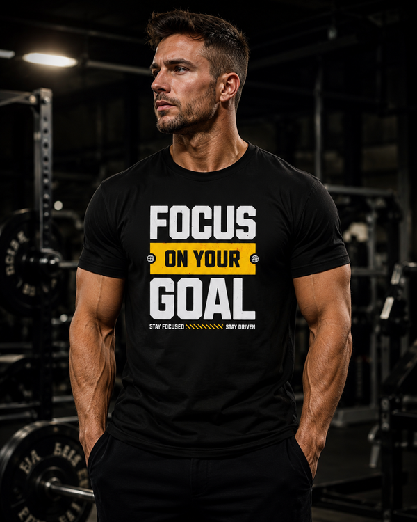 Focus On Your Goal motivational gym t-shirt on white background