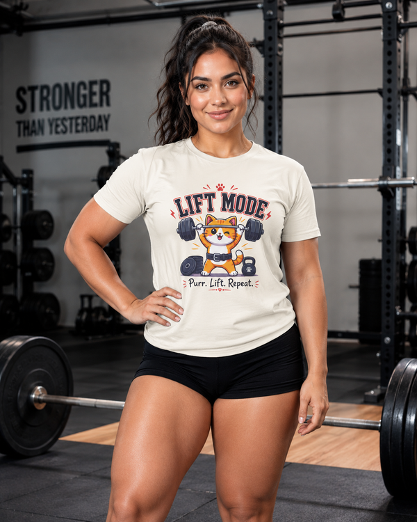 Lift Mode Purr Lift Repeat cat gym t-shirt on white background