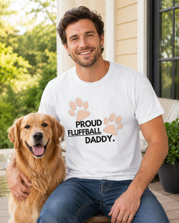 Proud Fluffball Daddy funny cat dad t-shirt on white background