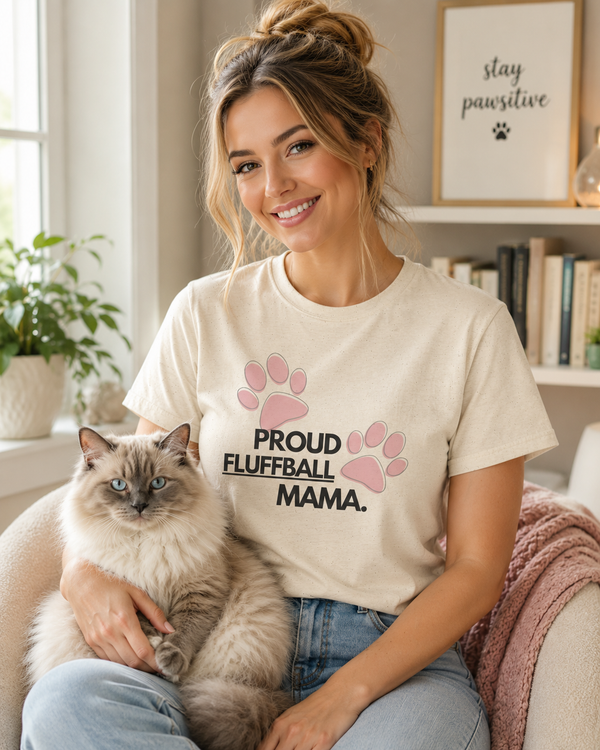 Proud Fluffball Mama cute cat mom t-shirt on white background