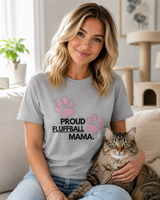 Proud Fluffball Mama tee worn casually - Mother's Day gift for cat moms