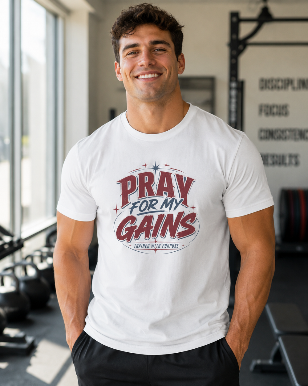 Pray For My Gains Christian gym t-shirt on white background
