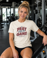Pray For My Gains tee worn at gym - Christian athlete gift shirt