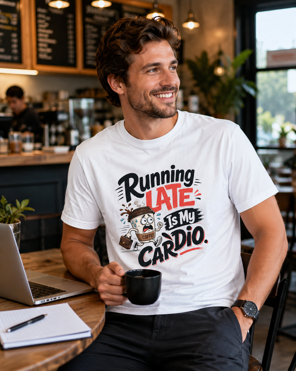 Running Late Is My Cardio funny coffee lover t-shirt on white background
