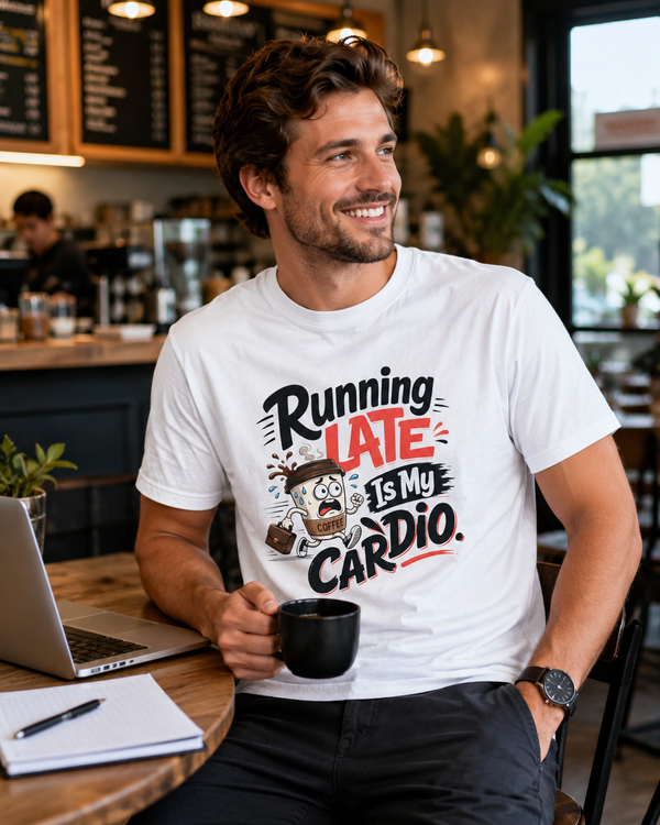 Running Late Is My Cardio funny coffee lover t-shirt on white background