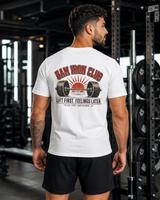 Double-sided bold DTG print close-up on soft cotton 5AM gym tee