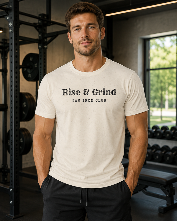 Rise and Grind 5AM Iron Club gym t-shirt - double-sided front and back print