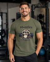 Muscles In Progress tee worn casually - funny gift for new gym-goers
