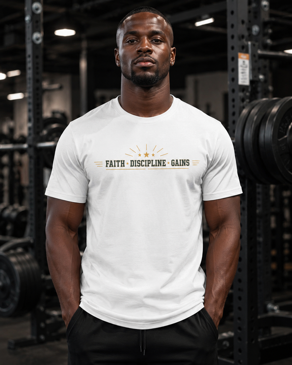 Faith Discipline Gains Christian gym t-shirt - double-sided front and back