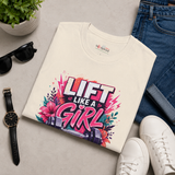 Bold floral DTG print close-up on soft cotton women's gym tee