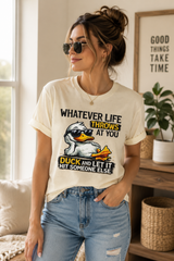 Humorous duck DTG print close-up on soft cotton graphic tee