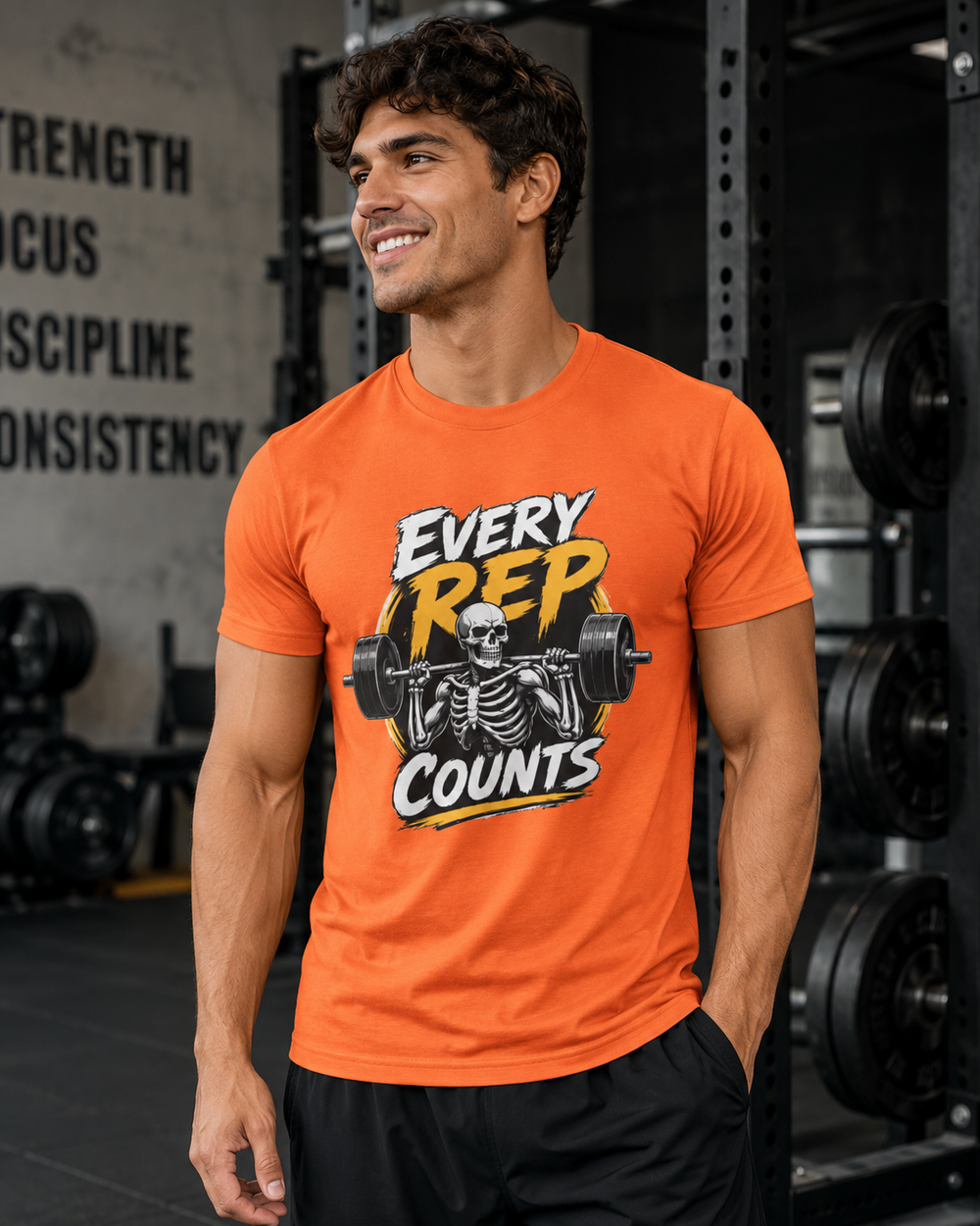 Every Rep Counts skeleton weightlifting gym t-shirt on white background