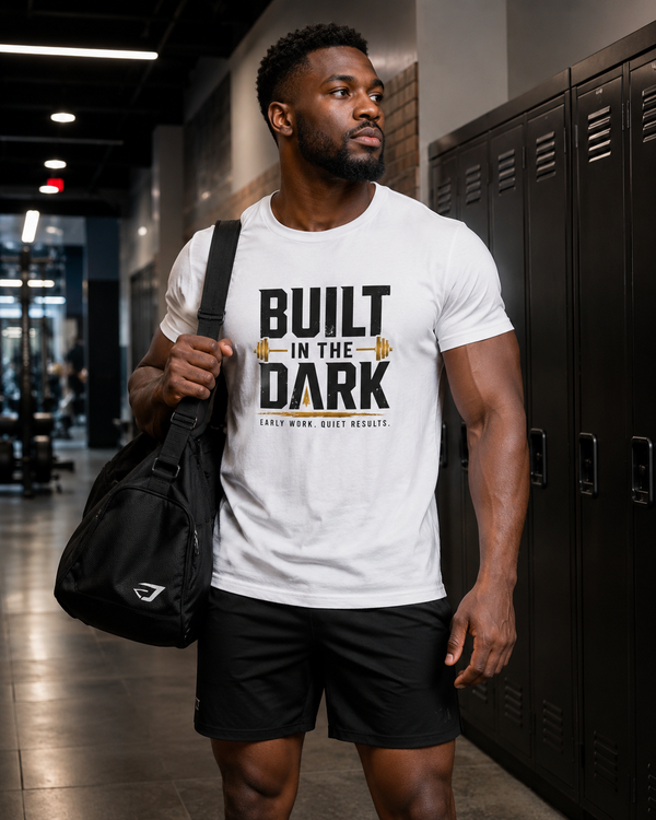 Built in the Dark gym motivation t-shirt on white background