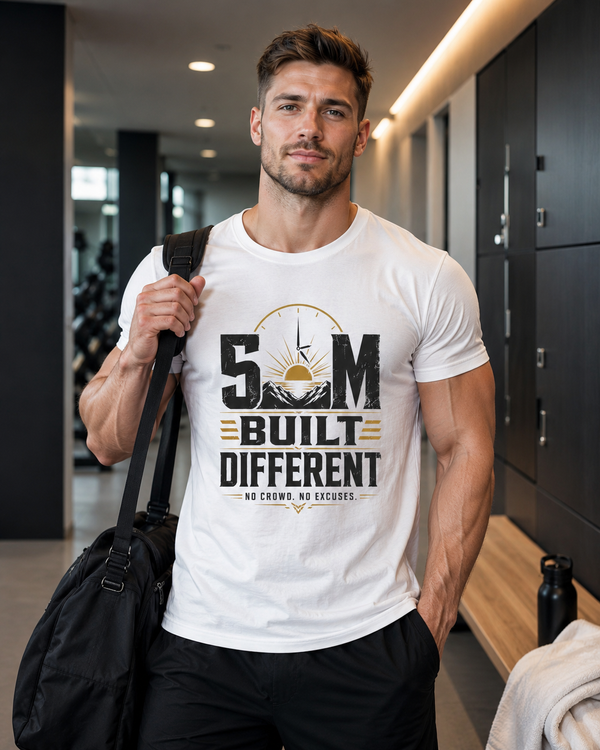 5AM Sunrise Built Different motivational gym t-shirt on white background