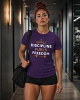 Bold DTG print close-up on soft cotton discipline fuels freedom t-shirt