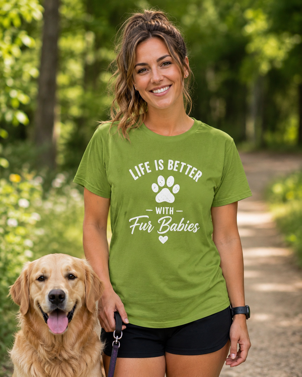 Pet lover t-shirt with Life Is Better With Fur Babies design, back view