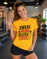 Bold DTG print close-up on soft cotton sweat now selfies later t-shirt