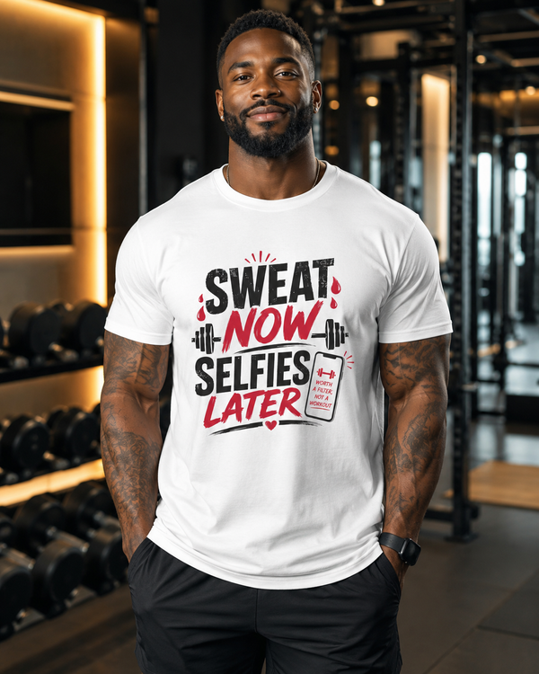 Sweat Now Selfies Later funny gym graphic t-shirt on white background