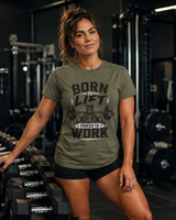 Bold DTG print close-up on soft cotton born to lift forced to work t-shirt