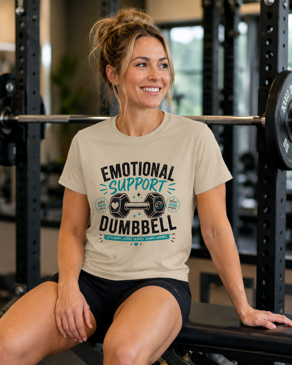 Funny gym t-shirt with Emotional Support Dumbbell design, back view