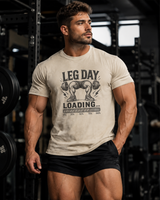 Bold DTG print close-up on soft cotton leg day loading t-shirt