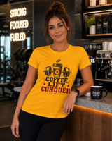 Bold DTG print close-up on soft cotton coffee lift conquer t-shirt