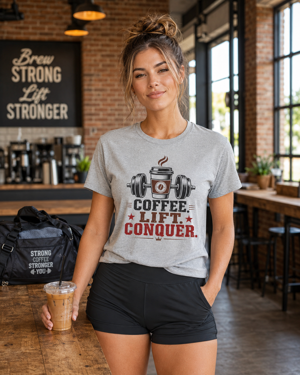 Coffee Lift Conquer fitness coffee lovers t-shirt on white background