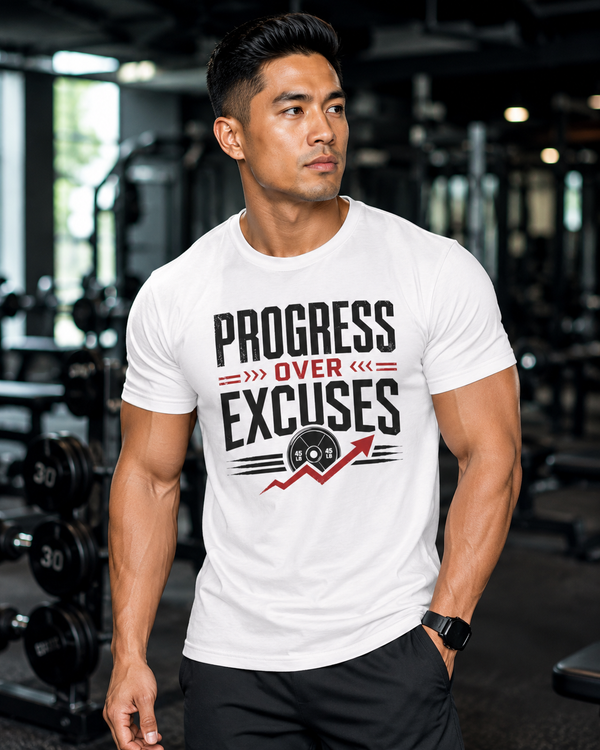 Motivational fitness t-shirt with Progress Over Excuses design, back view